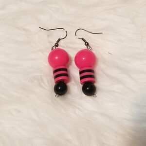 Homemade silver pink & black dangling earrings